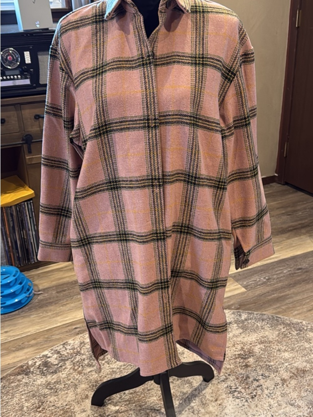 Plaid Midi Shirt Dress in Pink and Green